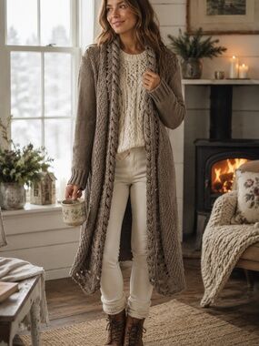 Chocolate brown open long line cardigan wool blend M/L crochet/knit fall/winter